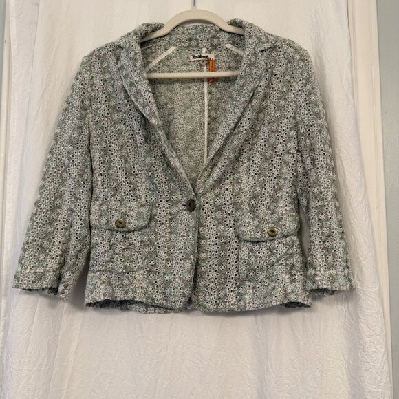Anthropologie TAIKONHU Blazer Green Pink Floral Eyelet Fitted Jacket CUTE size 6 - Picture 1 of 16